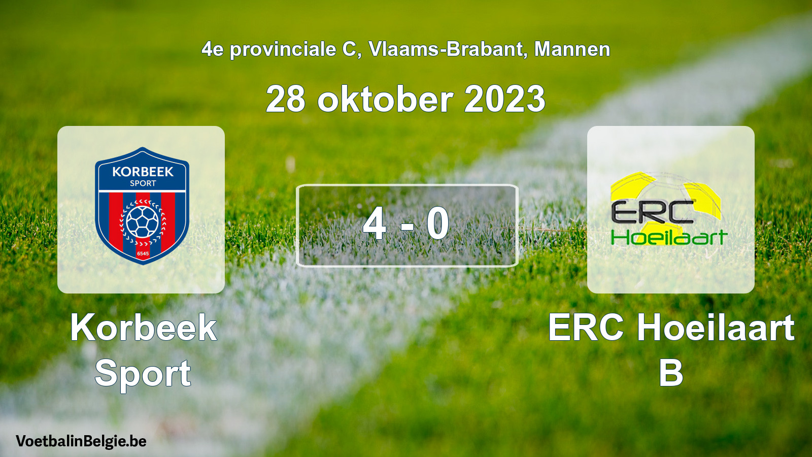 Gespeelde wedstrijd mannenvoetbal: Korbeek Sport - ERC Hoeilaart B 4 - 0 (28 oktober 2023)