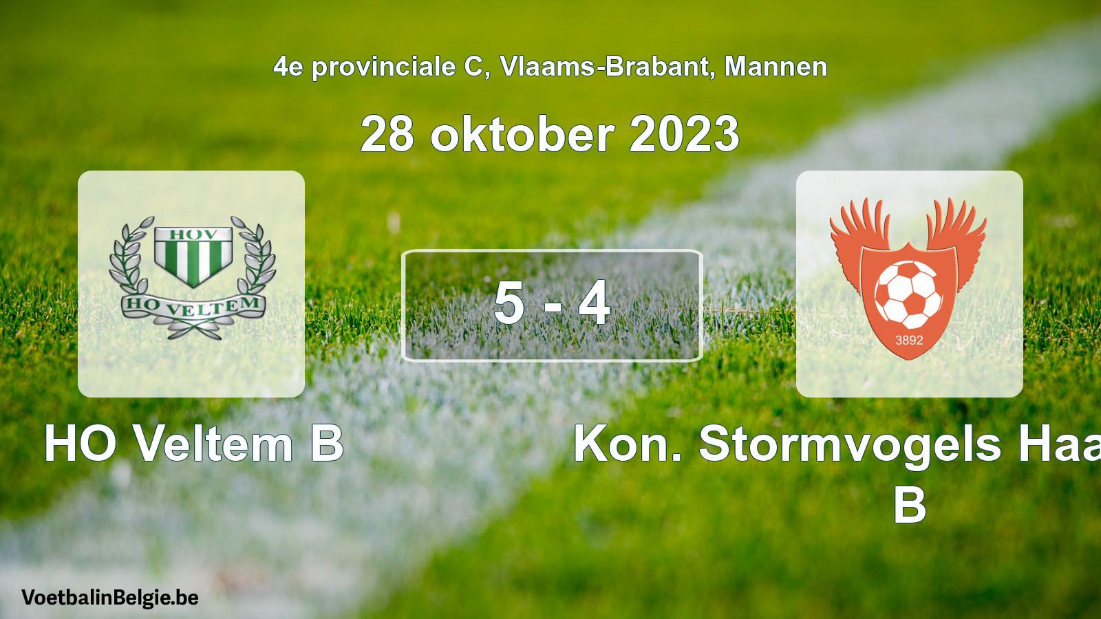 Gespeelde wedstrijd mannenvoetbal: HO Veltem B - Kon. Stormvogels Haasrode B 5 - 4 (28 oktober 2023)