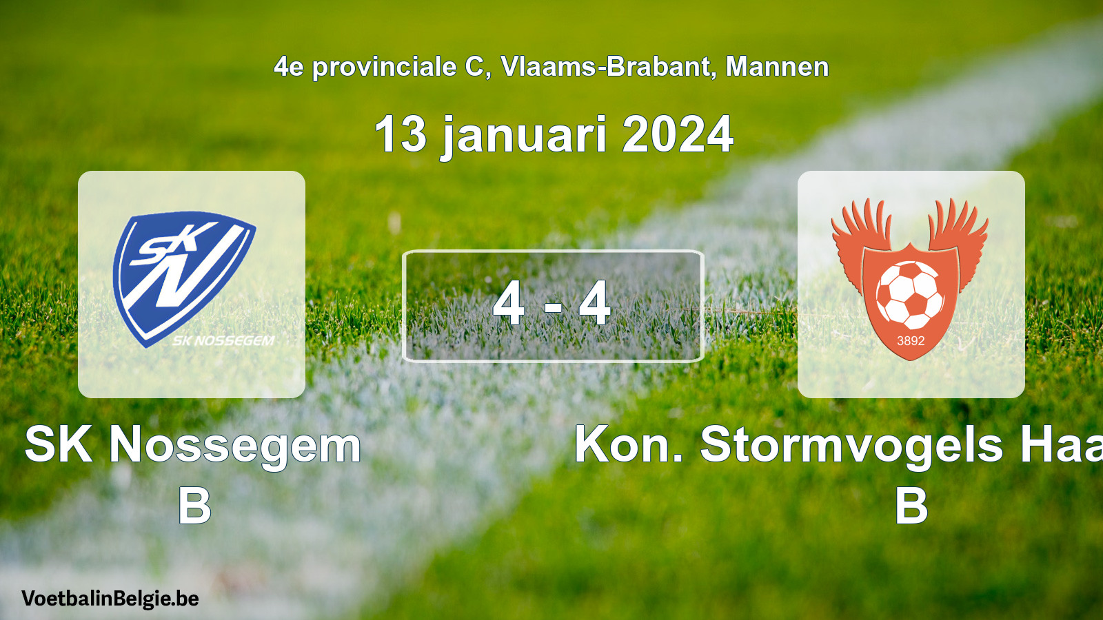 Gespeelde wedstrijd mannenvoetbal: SK Nossegem B - Kon. Stormvogels Haasrode B 4 - 4 (13 januari 2024)