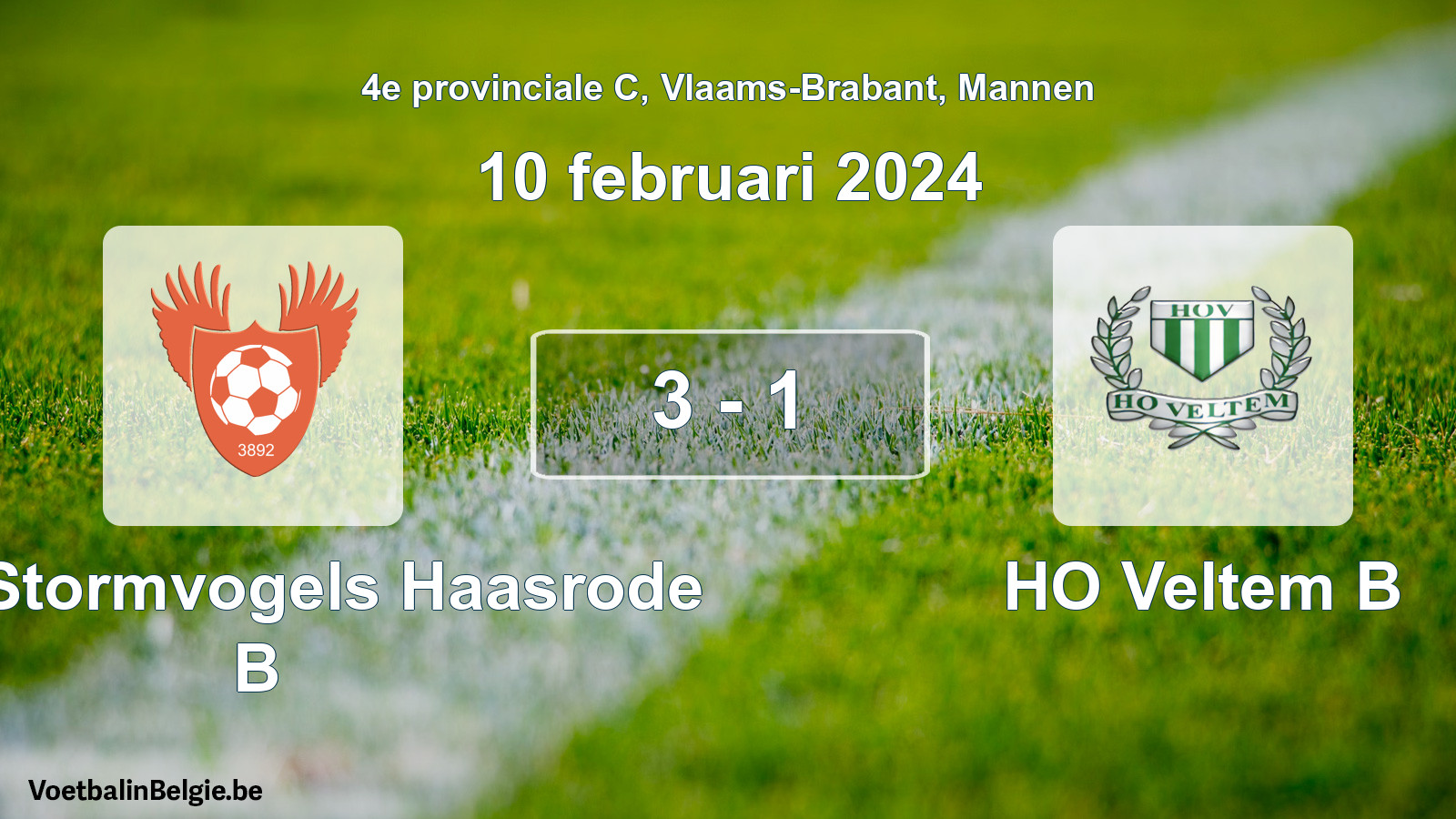 Gespeelde wedstrijd mannenvoetbal: Kon. Stormvogels Haasrode B - HO Veltem B 3 - 1 (10 februari 2024)