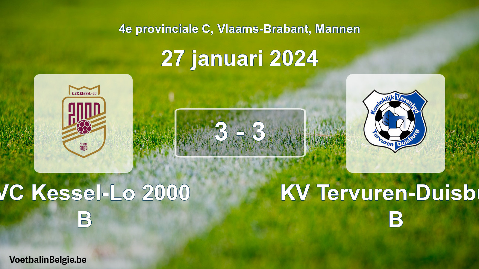 Gespeelde wedstrijd mannenvoetbal: KVC Kessel-Lo 2000 B - KV Tervuren-Duisburg B 3 - 3 (27 januari 2024)