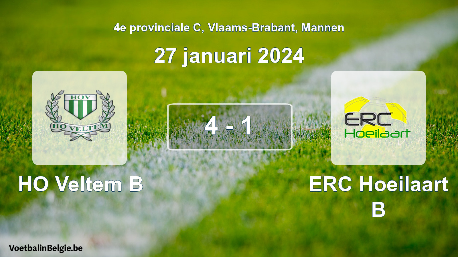 Gespeelde wedstrijd mannenvoetbal: HO Veltem B - ERC Hoeilaart B 4 - 1 (27 januari 2024)