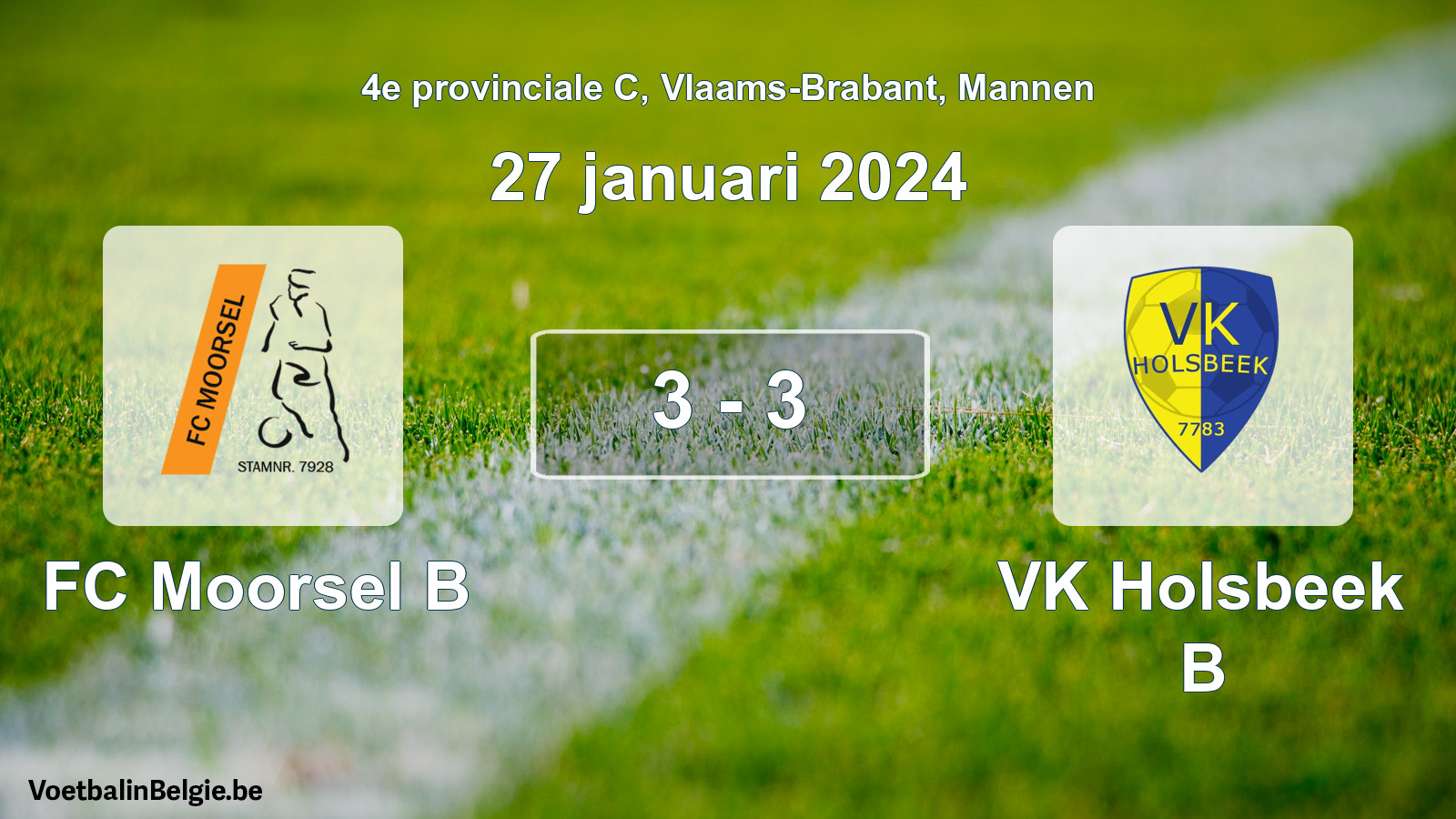 Gespeelde wedstrijd mannenvoetbal: FC Moorsel B - VK Holsbeek B 3 - 3 (27 januari 2024)