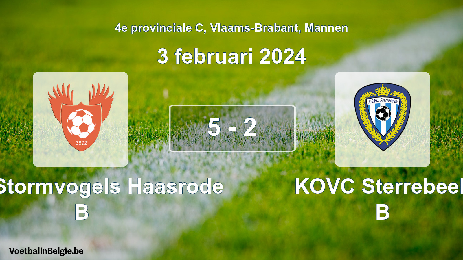 Gespeelde wedstrijd mannenvoetbal: Kon. Stormvogels Haasrode B - KOVC Sterrebeek B 5 - 2 (3 februari 2024)