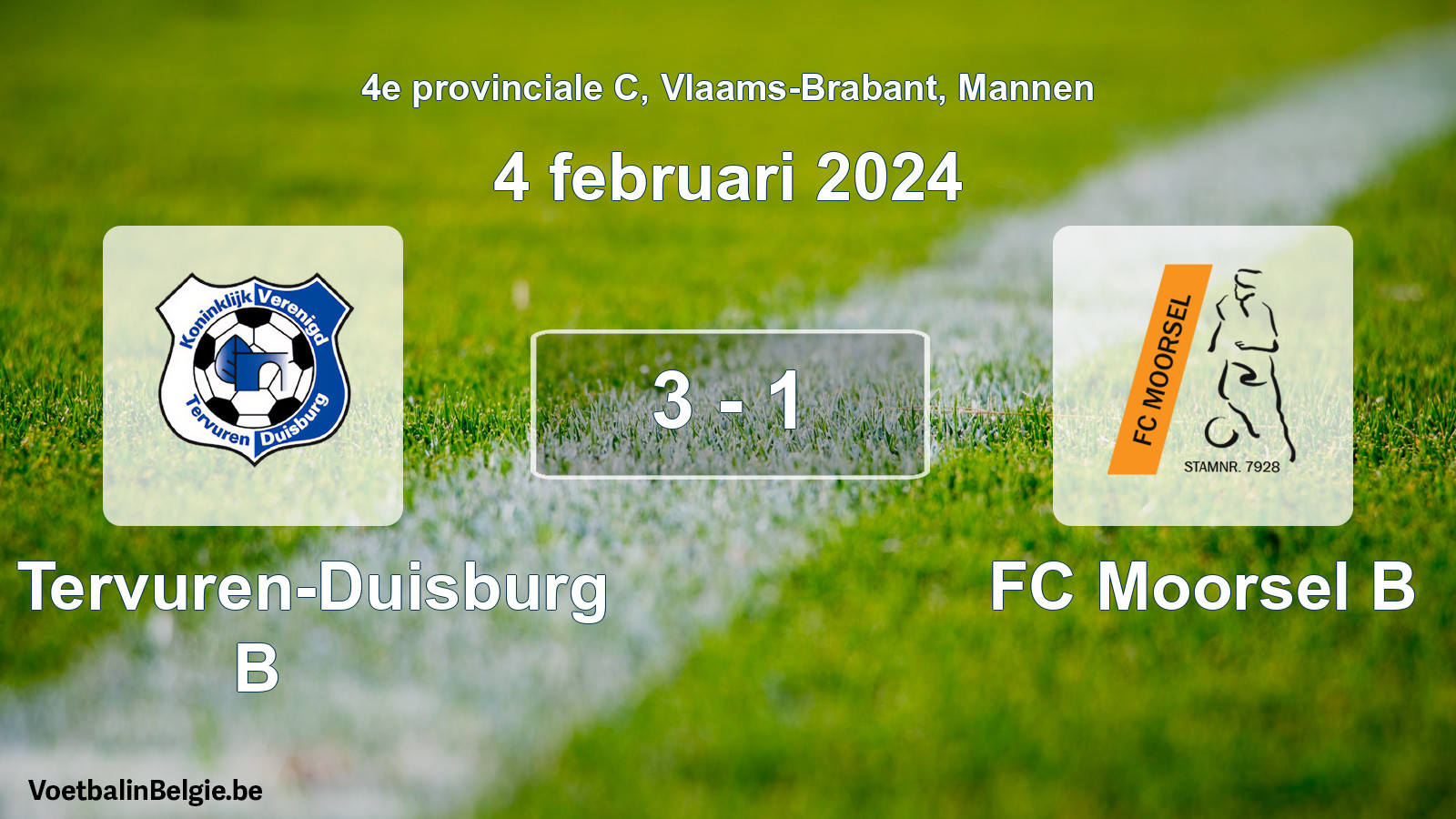 Gespeelde wedstrijd mannenvoetbal: KV Tervuren-Duisburg B - FC Moorsel B 3 - 1 (4 februari 2024)