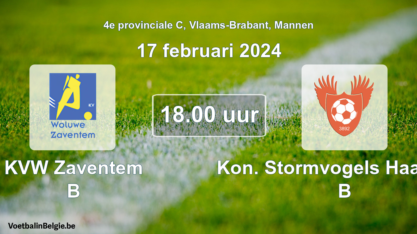 Geplande wedstrijd mannenvoetbal: KVW Zaventem B - Kon. Stormvogels Haasrode B (17 februari 2024)