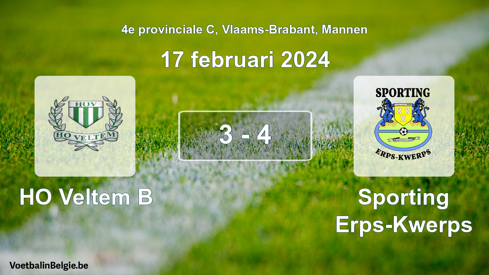Gespeelde wedstrijd mannenvoetbal: HO Veltem B - Sporting Erps-Kwerps 3 - 4 (17 februari 2024)