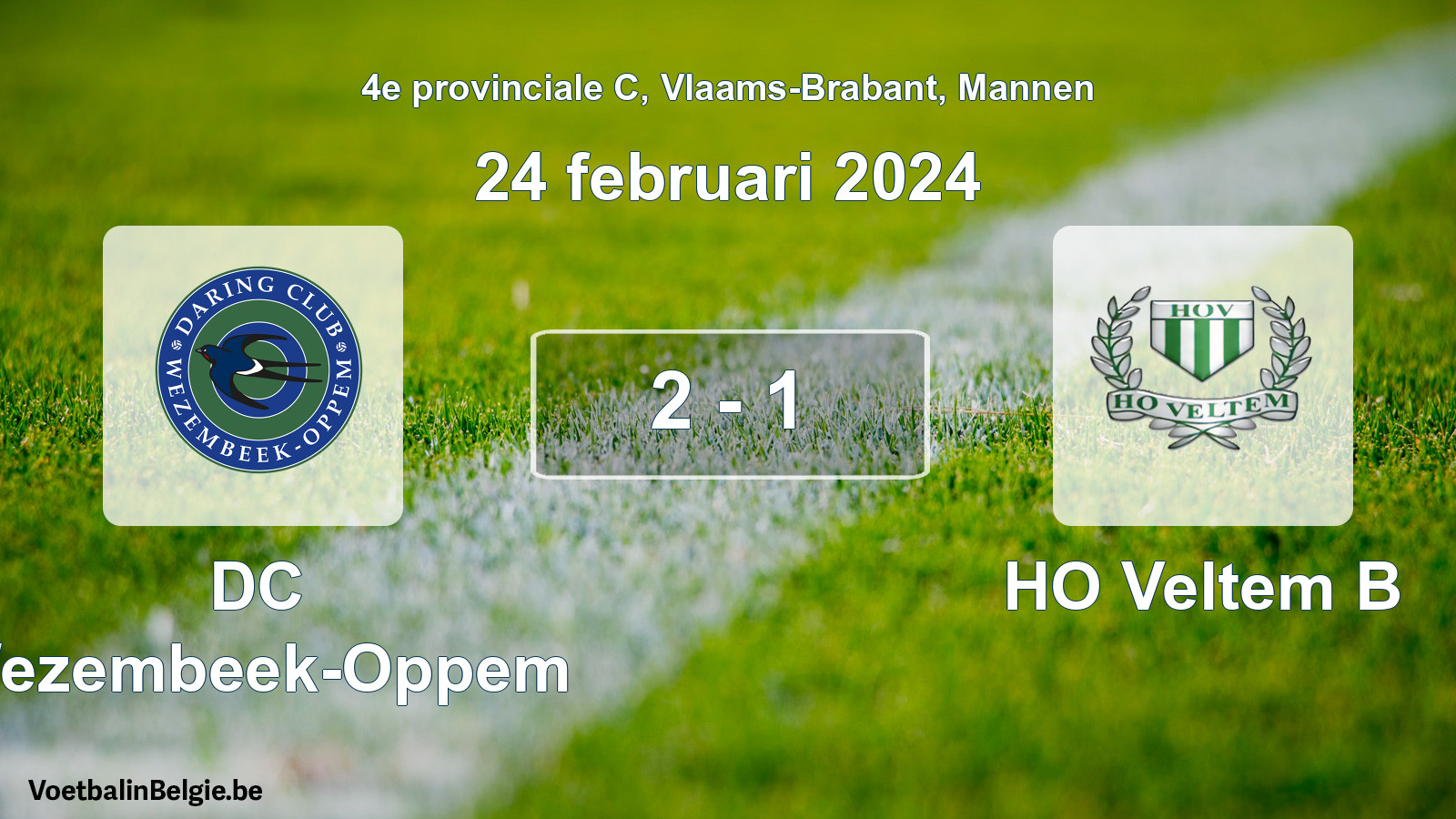 Gespeelde wedstrijd mannenvoetbal: DC Wezembeek-Oppem - HO Veltem B 2 - 1 (24 februari 2024)