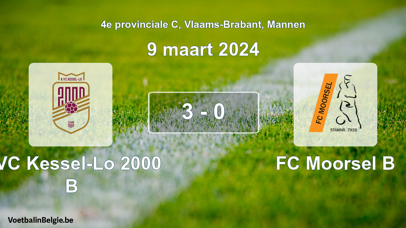 Gespeelde wedstrijd mannenvoetbal: KVC Kessel-Lo 2000 B - FC Moorsel B 3 - 0 (9 maart 2024)