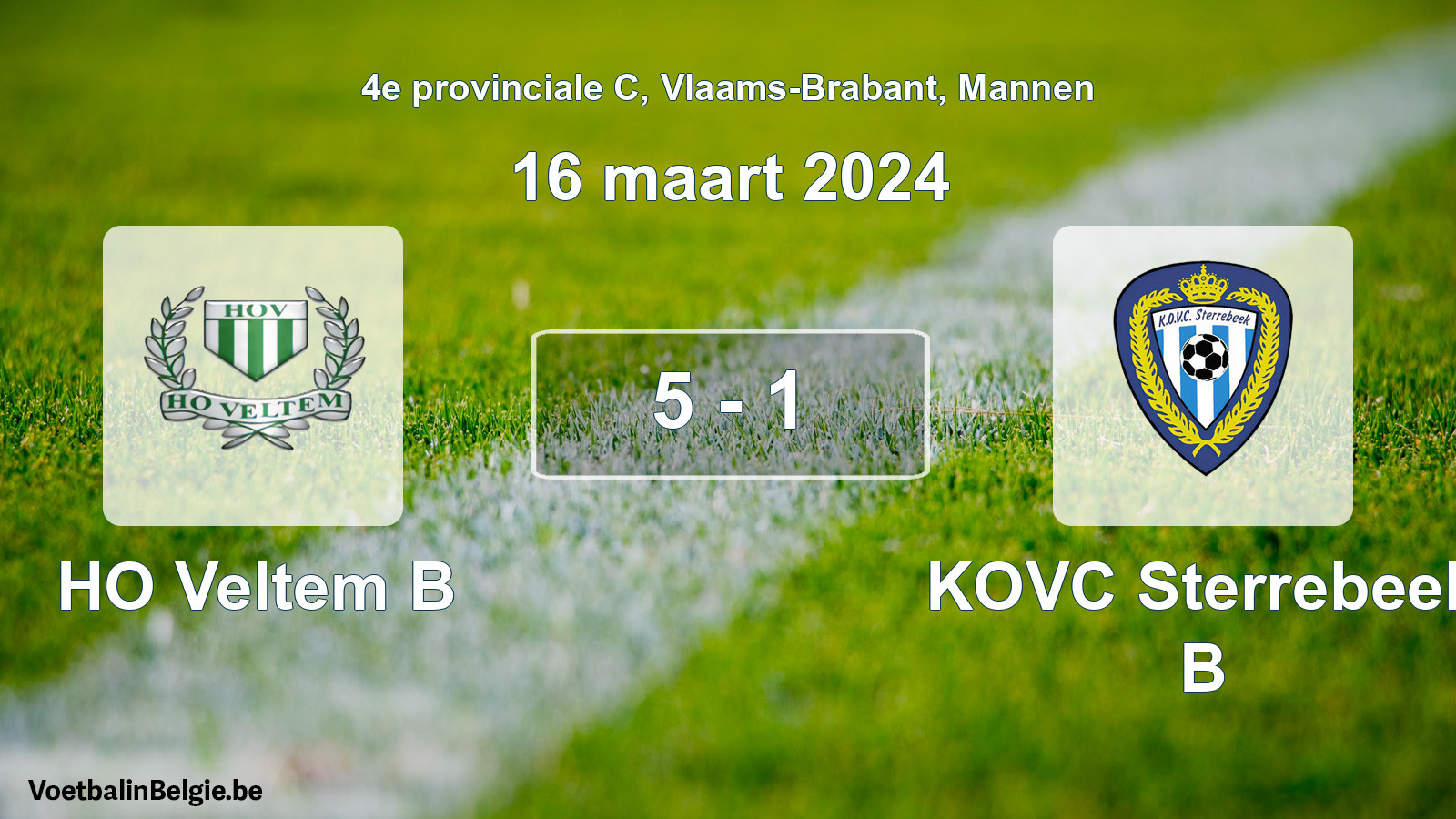 Gespeelde wedstrijd mannenvoetbal: HO Veltem B - KOVC Sterrebeek B 5 - 1 (16 maart 2024)
