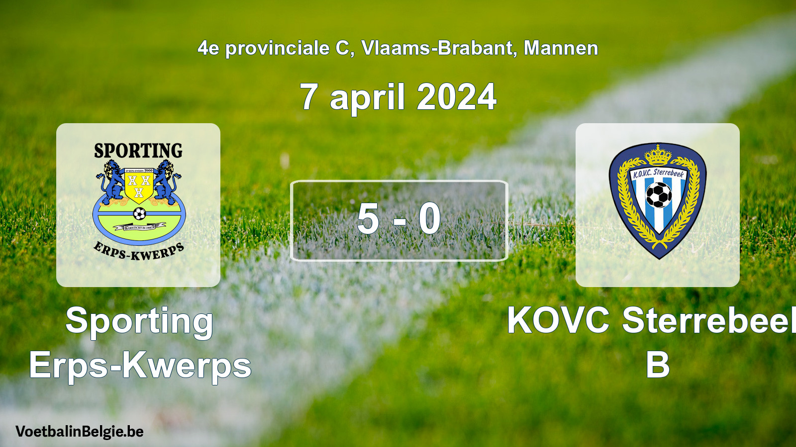 Gespeelde wedstrijd mannenvoetbal: Sporting Erps-Kwerps - KOVC Sterrebeek B 5 - 0 (7 april 2024)