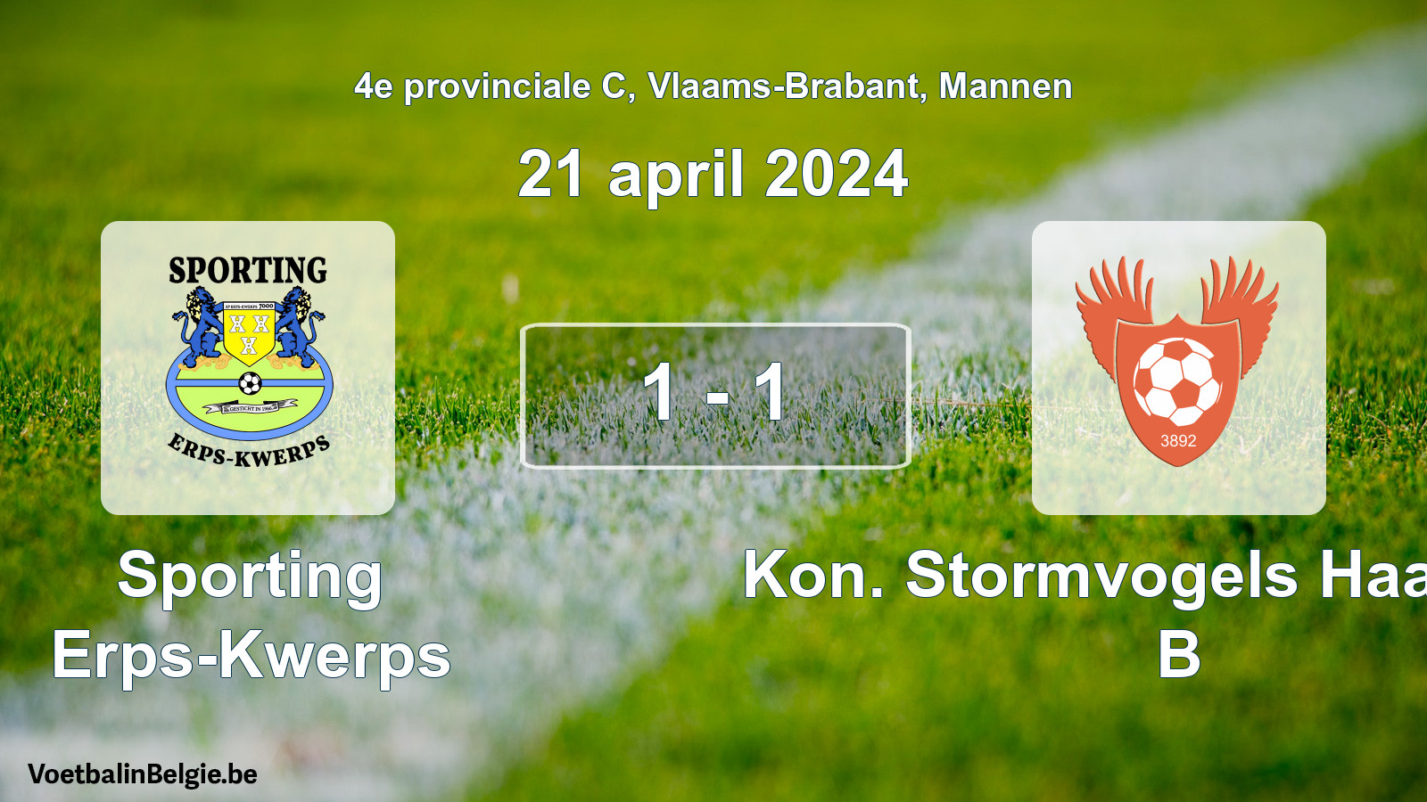 Gespeelde wedstrijd mannenvoetbal: Sporting Erps-Kwerps - Kon. Stormvogels Haasrode B 1 - 1 (21 april 2024)