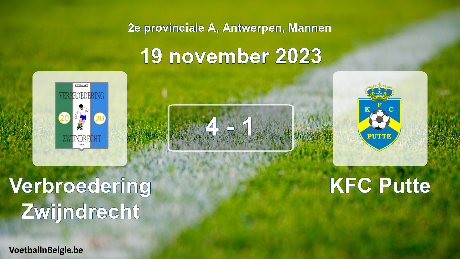 Gespeelde wedstrijd mannenvoetbal: Verbroedering Zwijndrecht - KFC Putte 4 - 1 (19 november 2023)