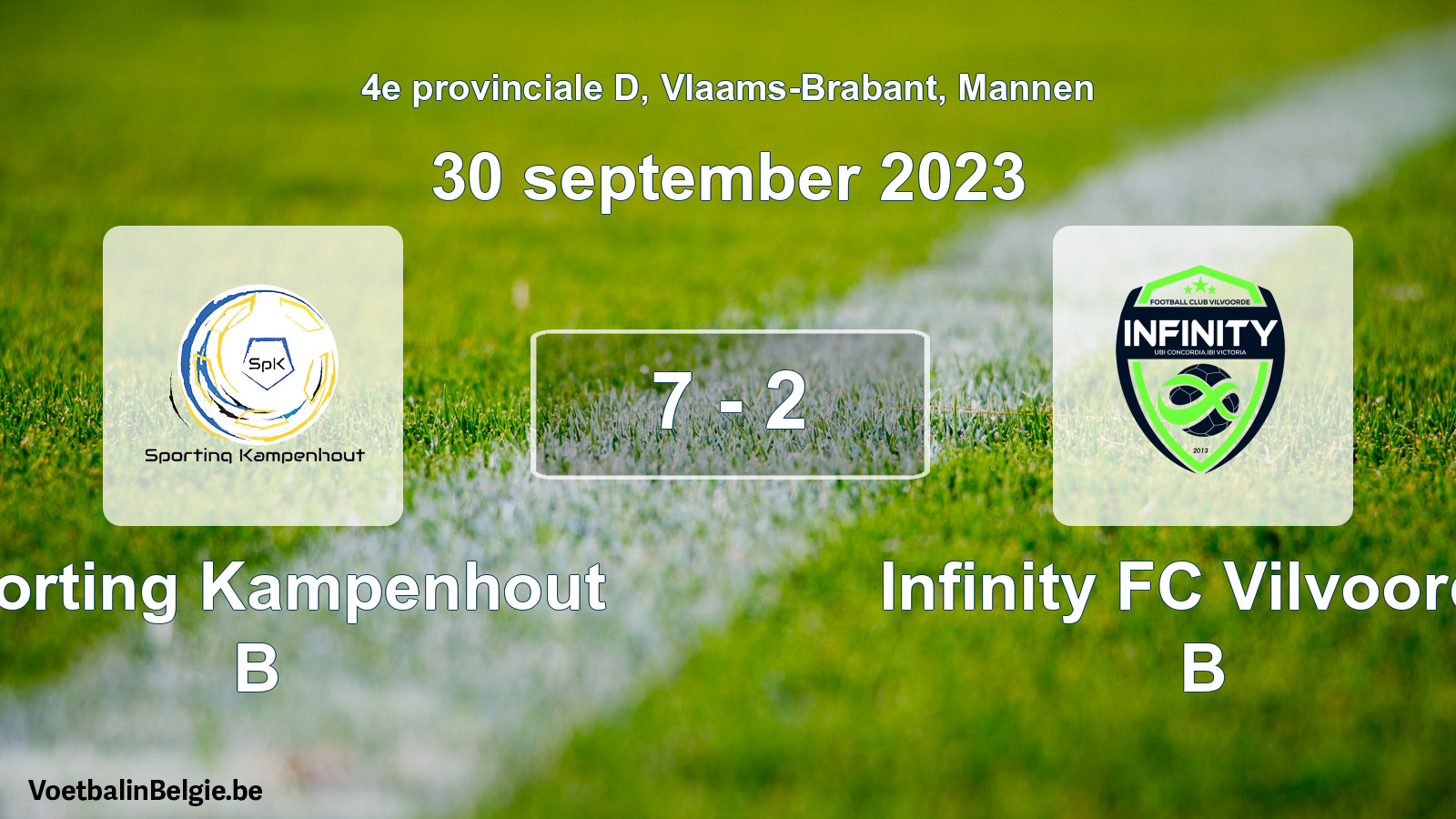 Gespeelde wedstrijd mannenvoetbal: Sporting Kampenhout B - Infinity FC Vilvoorde B 7 - 2 (30 september 2023)