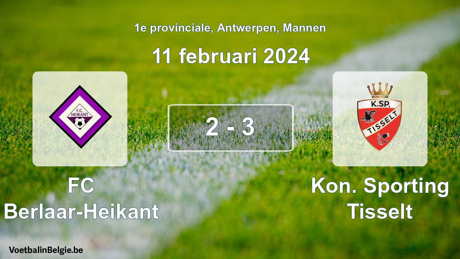 Gespeelde wedstrijd mannenvoetbal: FC Berlaar-Heikant - Kon. Sporting Tisselt 2 - 3 (11 februari 2024)