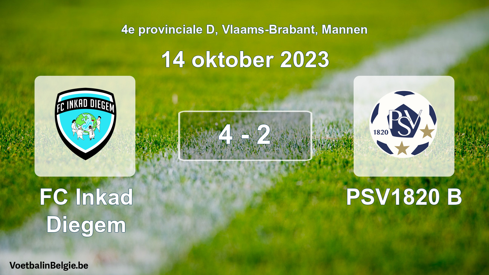 Gespeelde wedstrijd mannenvoetbal: FC Inkad Diegem - PSV1820 B 4 - 2 (14 oktober 2023)
