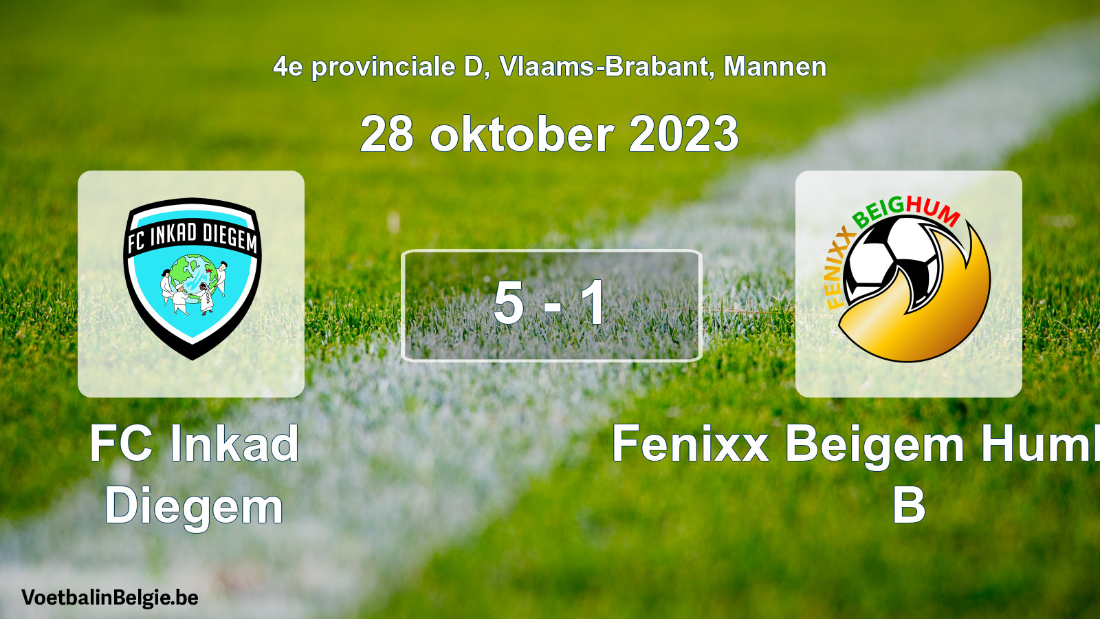 Gespeelde wedstrijd mannenvoetbal: FC Inkad Diegem - Fenixx Beigem Humbeek B 5 - 1 (28 oktober 2023)