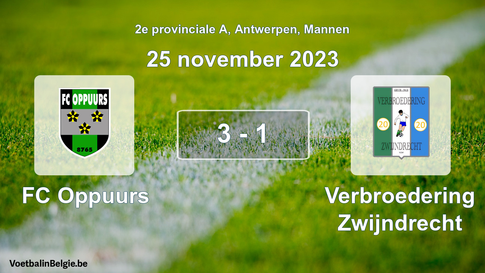 Gespeelde wedstrijd mannenvoetbal: FC Oppuurs - Verbroedering Zwijndrecht 3 - 1 (25 november 2023)