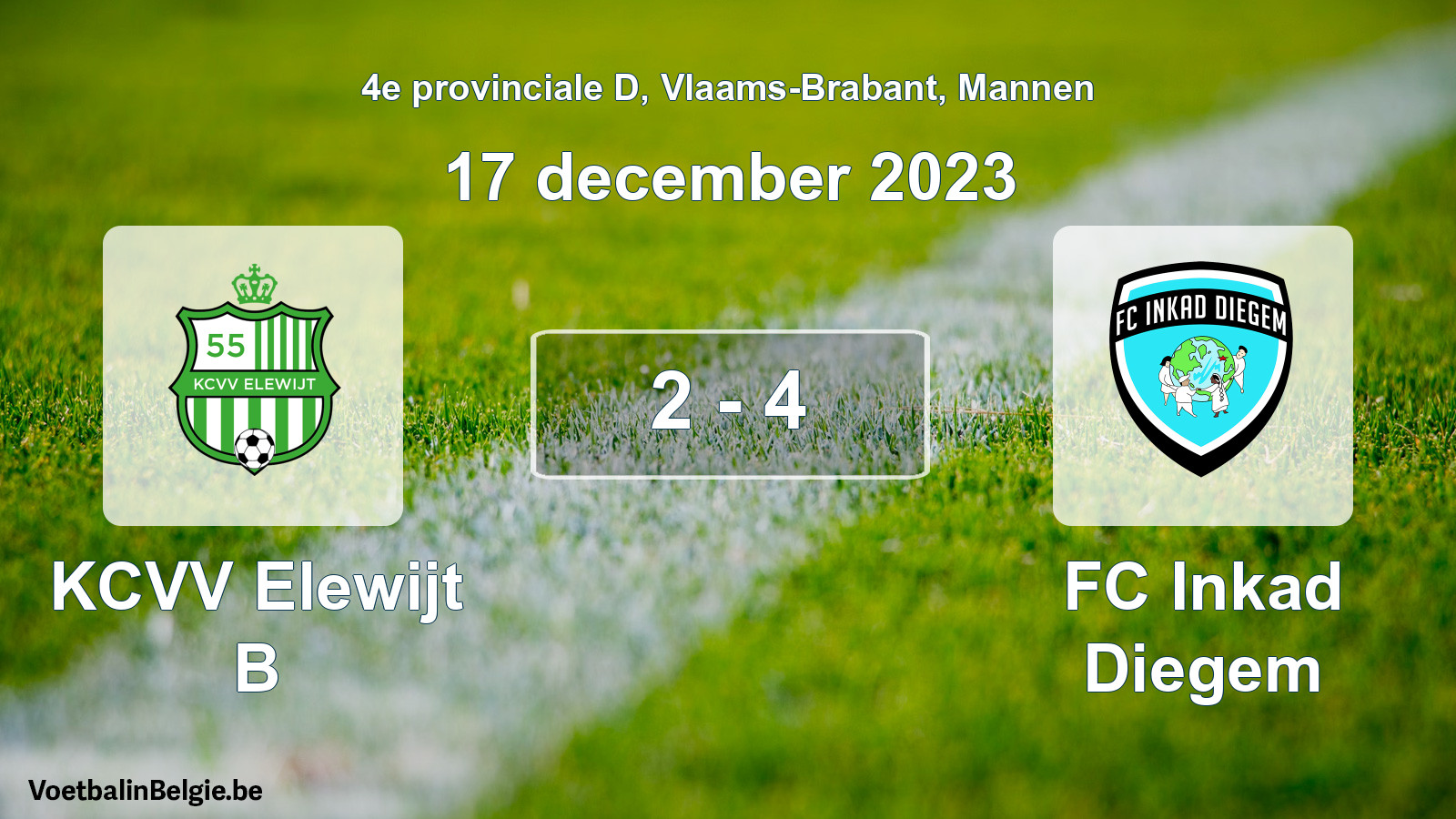 Gespeelde wedstrijd mannenvoetbal: KCVV Elewijt B - FC Inkad Diegem 2 - 4 (17 december 2023)