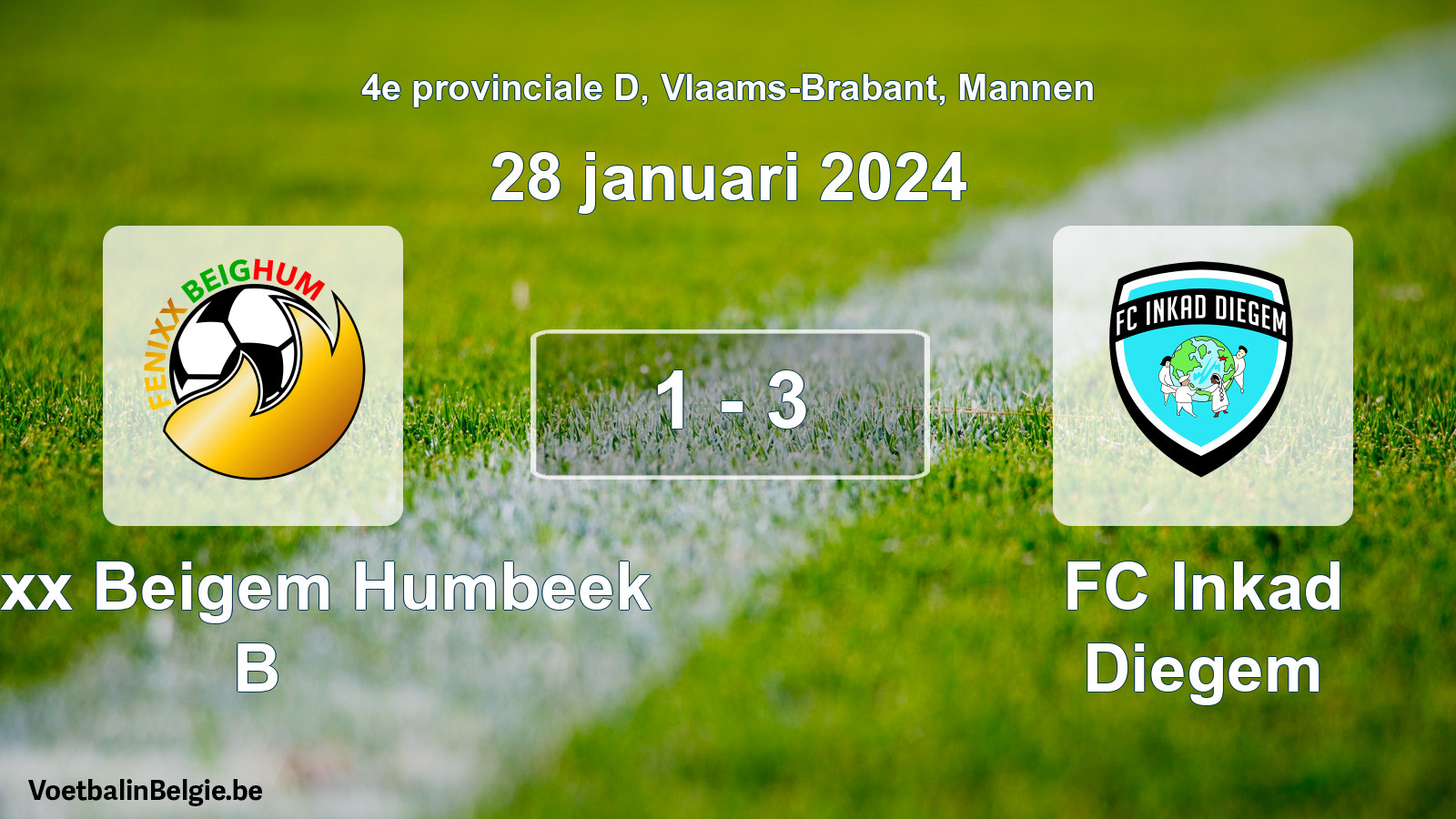Gespeelde wedstrijd mannenvoetbal: Fenixx Beigem Humbeek B - FC Inkad Diegem 1 - 3 (28 januari 2024)