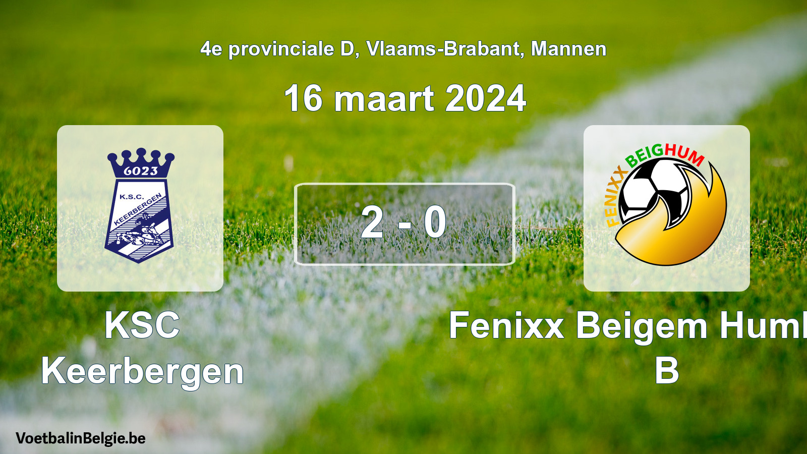 Gespeelde wedstrijd mannenvoetbal: KSC Keerbergen - Fenixx Beigem Humbeek B 2 - 0 (16 maart 2024)