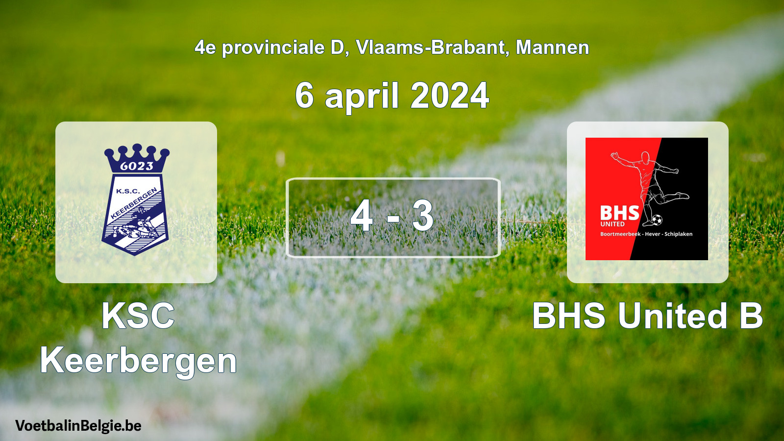 Gespeelde wedstrijd mannenvoetbal: KSC Keerbergen - BHS United B 4 - 3 (6 april 2024)