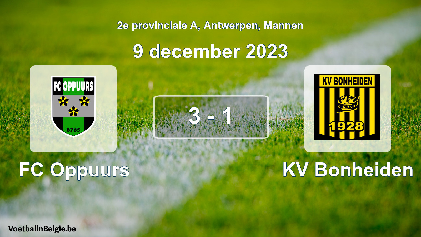 Gespeelde wedstrijd mannenvoetbal: FC Oppuurs - KV Bonheiden 3 - 1 (9 december 2023)