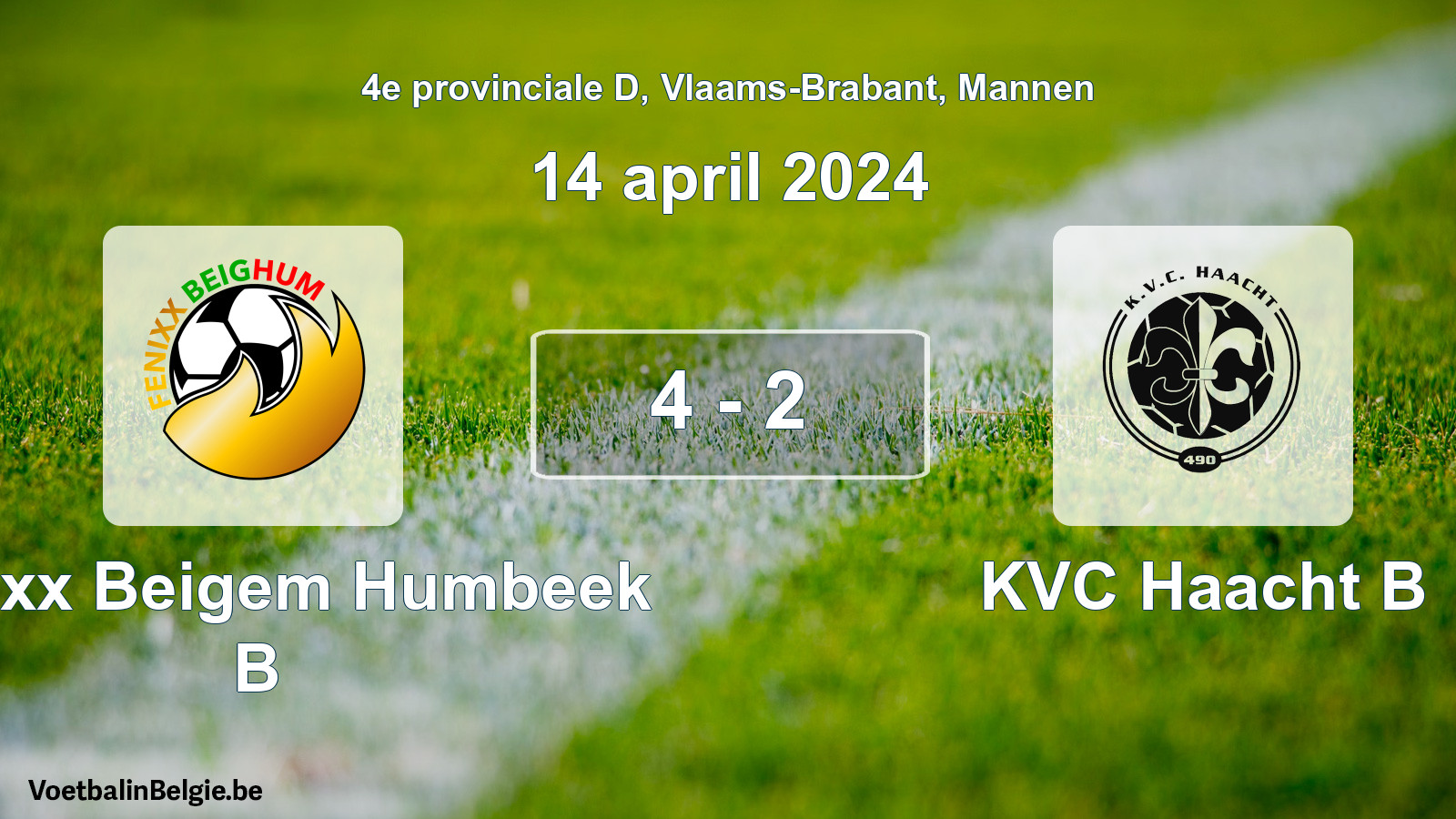 Gespeelde wedstrijd mannenvoetbal: Fenixx Beigem Humbeek B - KVC Haacht B 4 - 2 (14 april 2024)