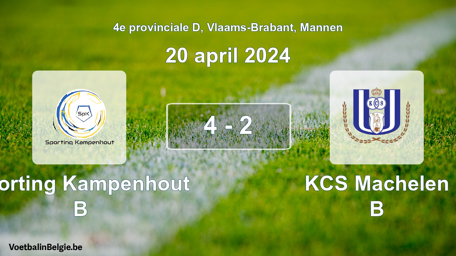 Gespeelde wedstrijd mannenvoetbal: Sporting Kampenhout B - KCS Machelen B 4 - 2 (20 april 2024)