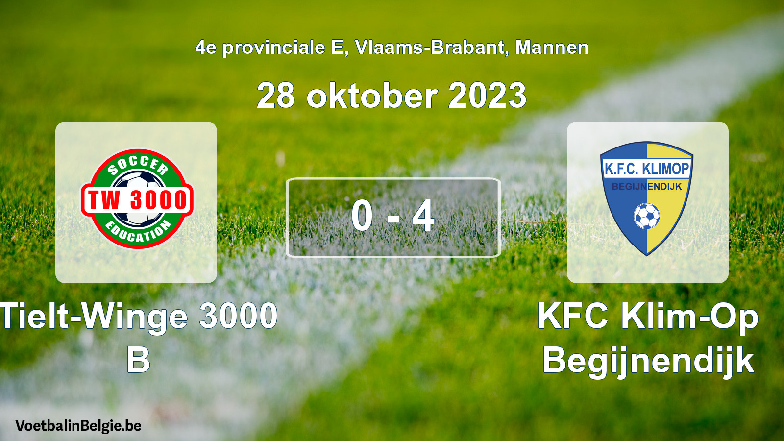 Gespeelde wedstrijd mannenvoetbal: Tielt-Winge 3000 B - KFC Klim-Op Begijnendijk 0 - 4 (28 oktober 2023)