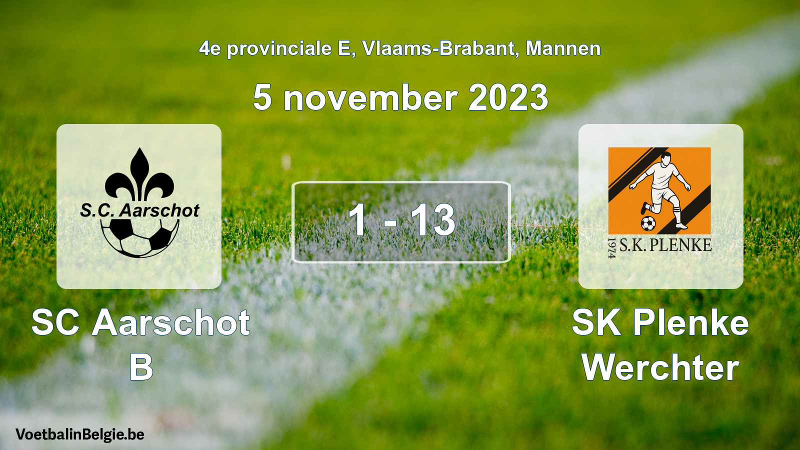 Gespeelde wedstrijd mannenvoetbal: SC Aarschot B - SK Plenke Werchter 1 - 13 (5 november 2023)