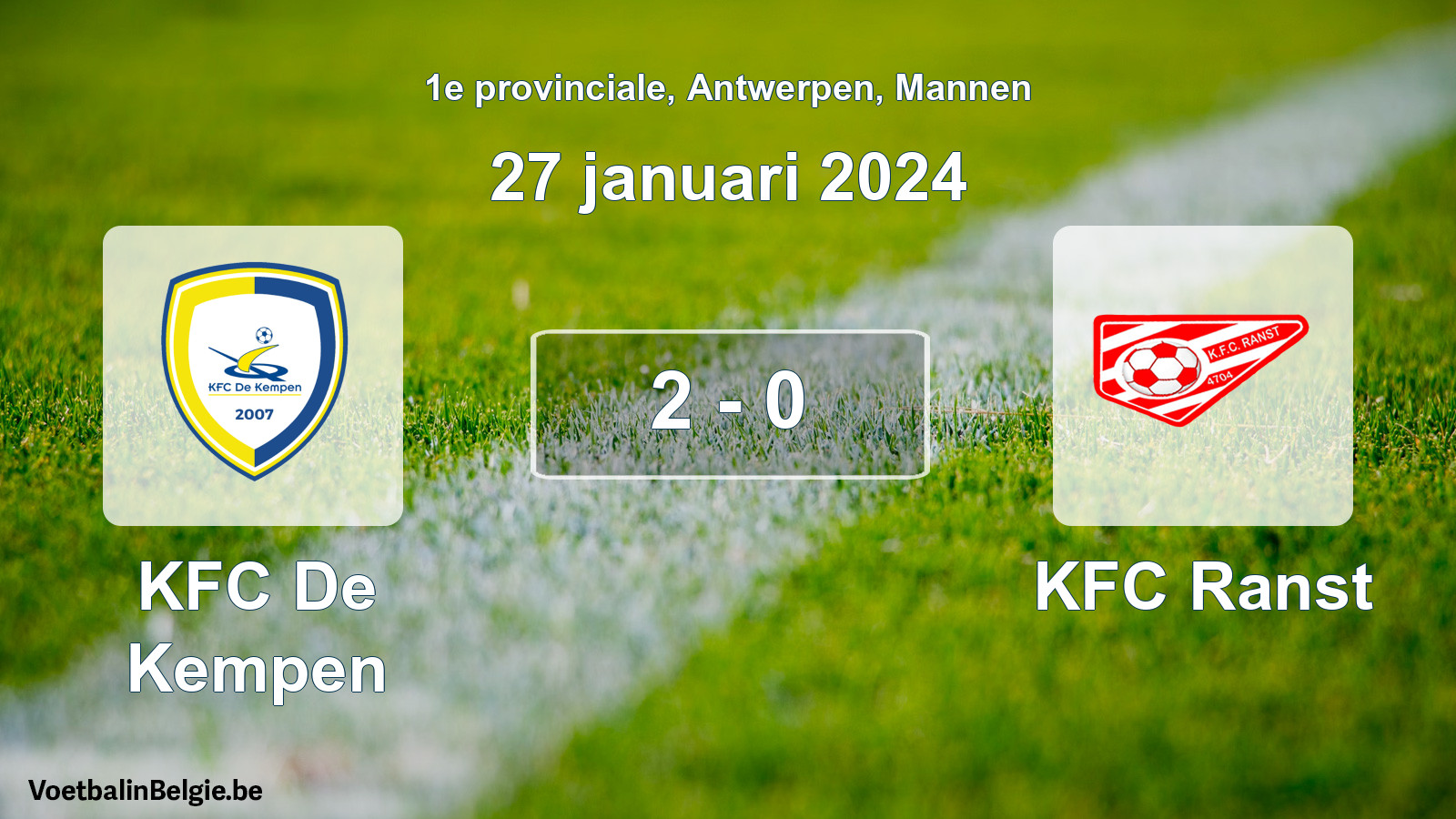 Gespeelde wedstrijd mannenvoetbal: KFC De Kempen - KFC Ranst 2 - 0 (27 januari 2024)