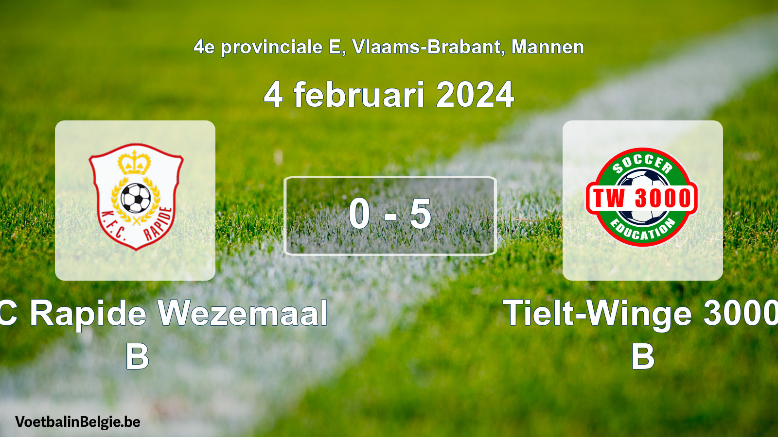 Gespeelde wedstrijd mannenvoetbal: KFC Rapide Wezemaal B - Tielt-Winge 3000 B 0 - 5 (4 februari 2024)