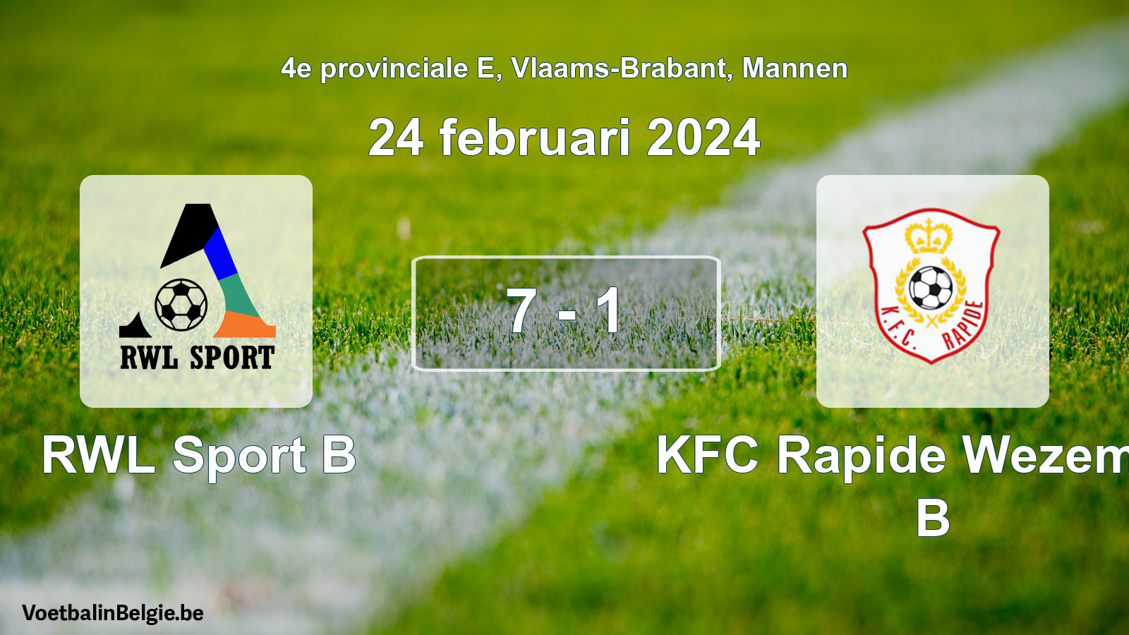 Gespeelde wedstrijd mannenvoetbal: RWL Sport B - KFC Rapide Wezemaal B 7 - 1 (24 februari 2024)