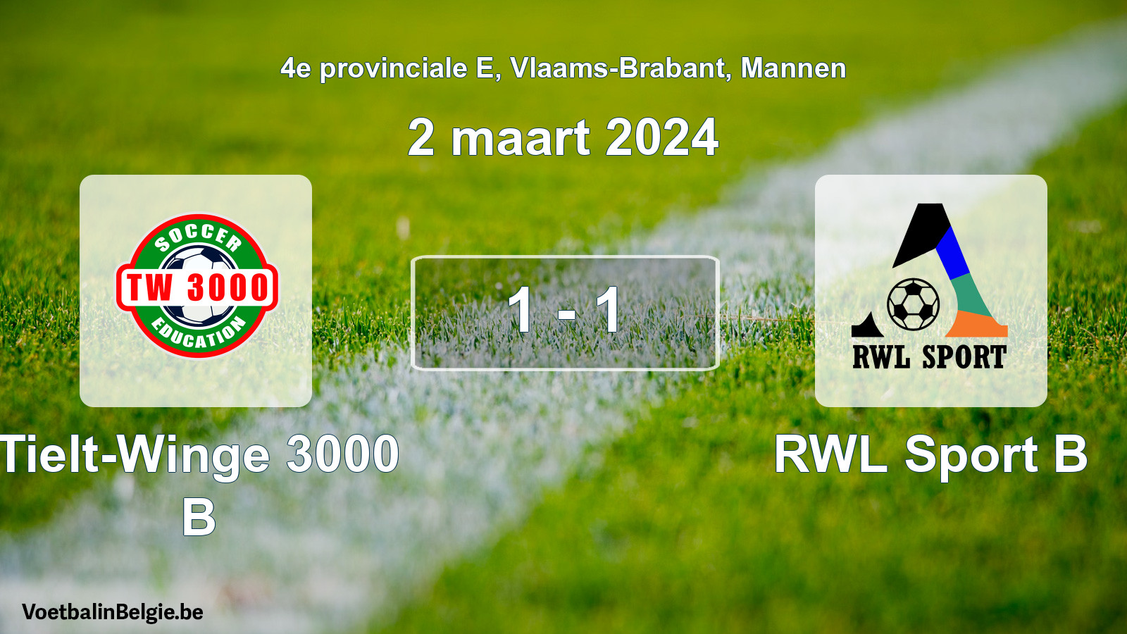 Gespeelde wedstrijd mannenvoetbal: Tielt-Winge 3000 B - RWL Sport B 1 - 1 (2 maart 2024)