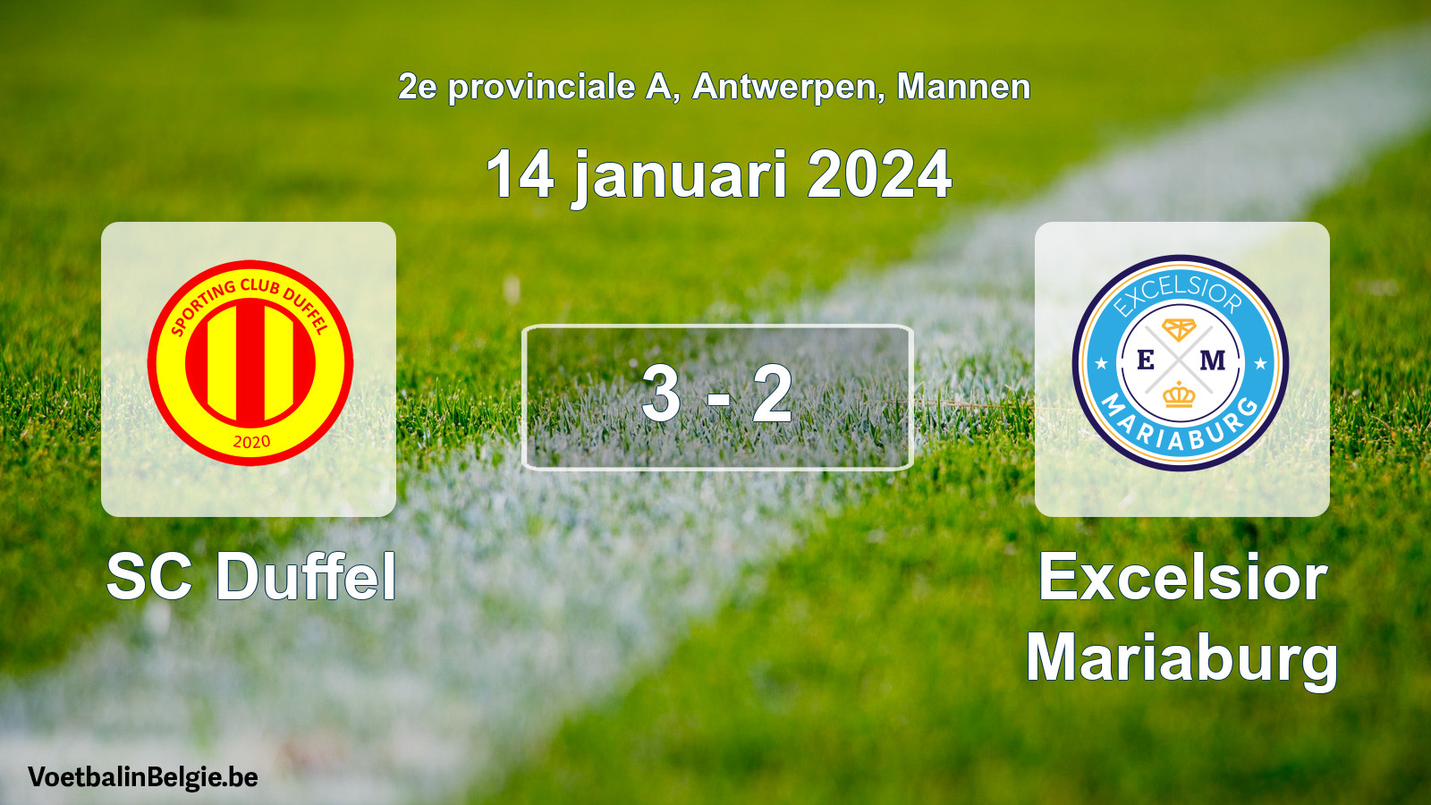 Gespeelde wedstrijd mannenvoetbal: SC Duffel - Excelsior Mariaburg 3 - 2 (14 januari 2024)