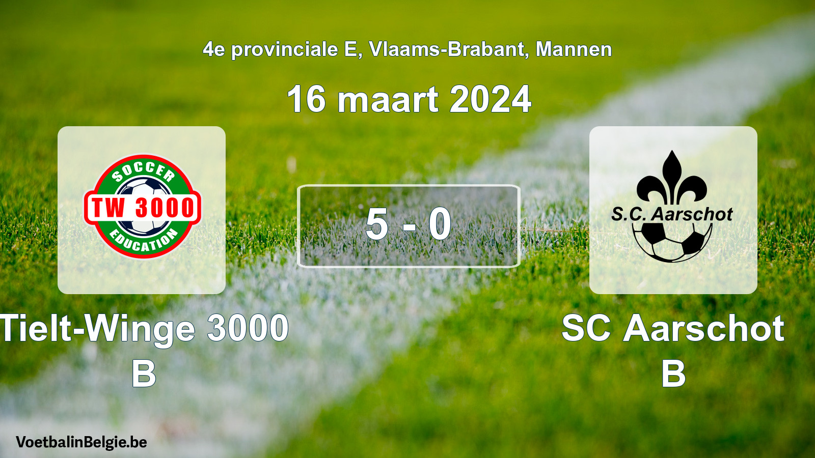 Gespeelde wedstrijd mannenvoetbal: Tielt-Winge 3000 B - SC Aarschot B 5 - 0 (16 maart 2024)