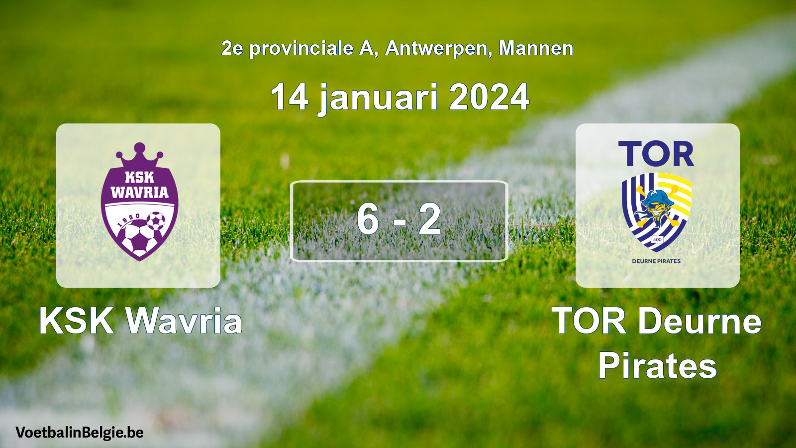 Gespeelde wedstrijd mannenvoetbal: KSK Wavria - TOR Deurne Pirates 6 - 2 (14 januari 2024)