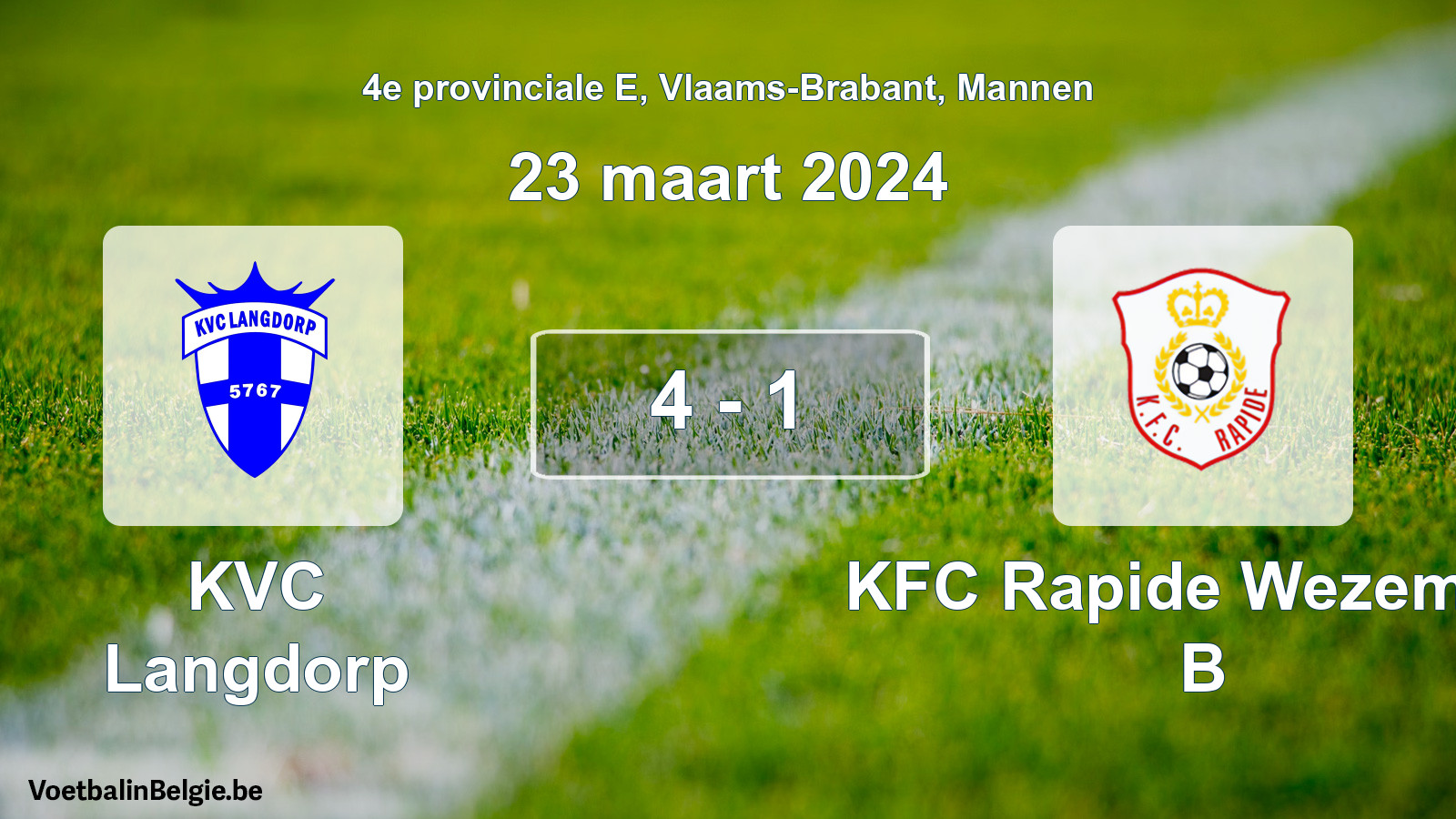 Gespeelde wedstrijd mannenvoetbal: KVC Langdorp - KFC Rapide Wezemaal B 4 - 1 (23 maart 2024)