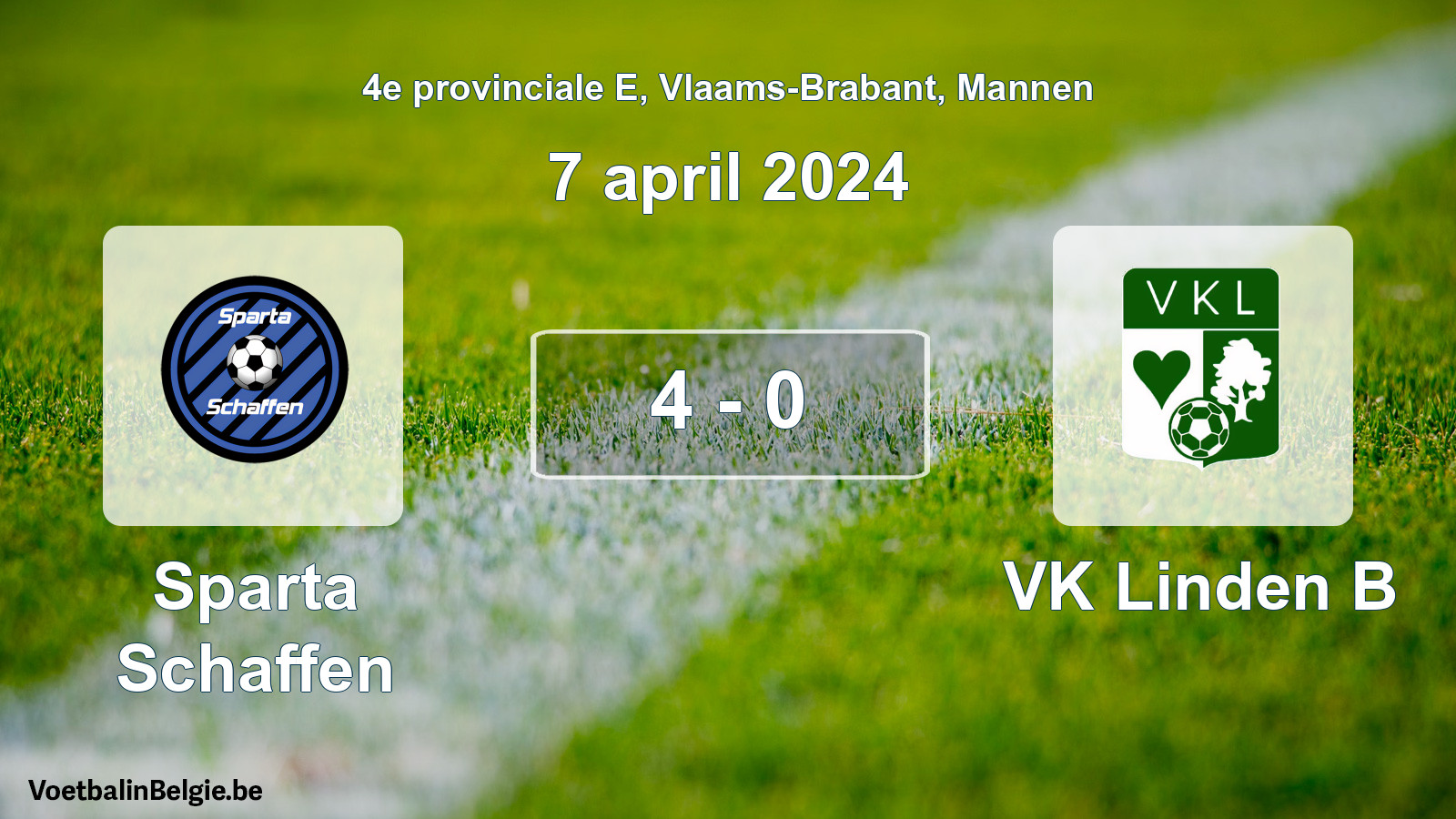 Gespeelde wedstrijd mannenvoetbal: Sparta Schaffen - VK Linden B 4 - 0 (7 april 2024)
