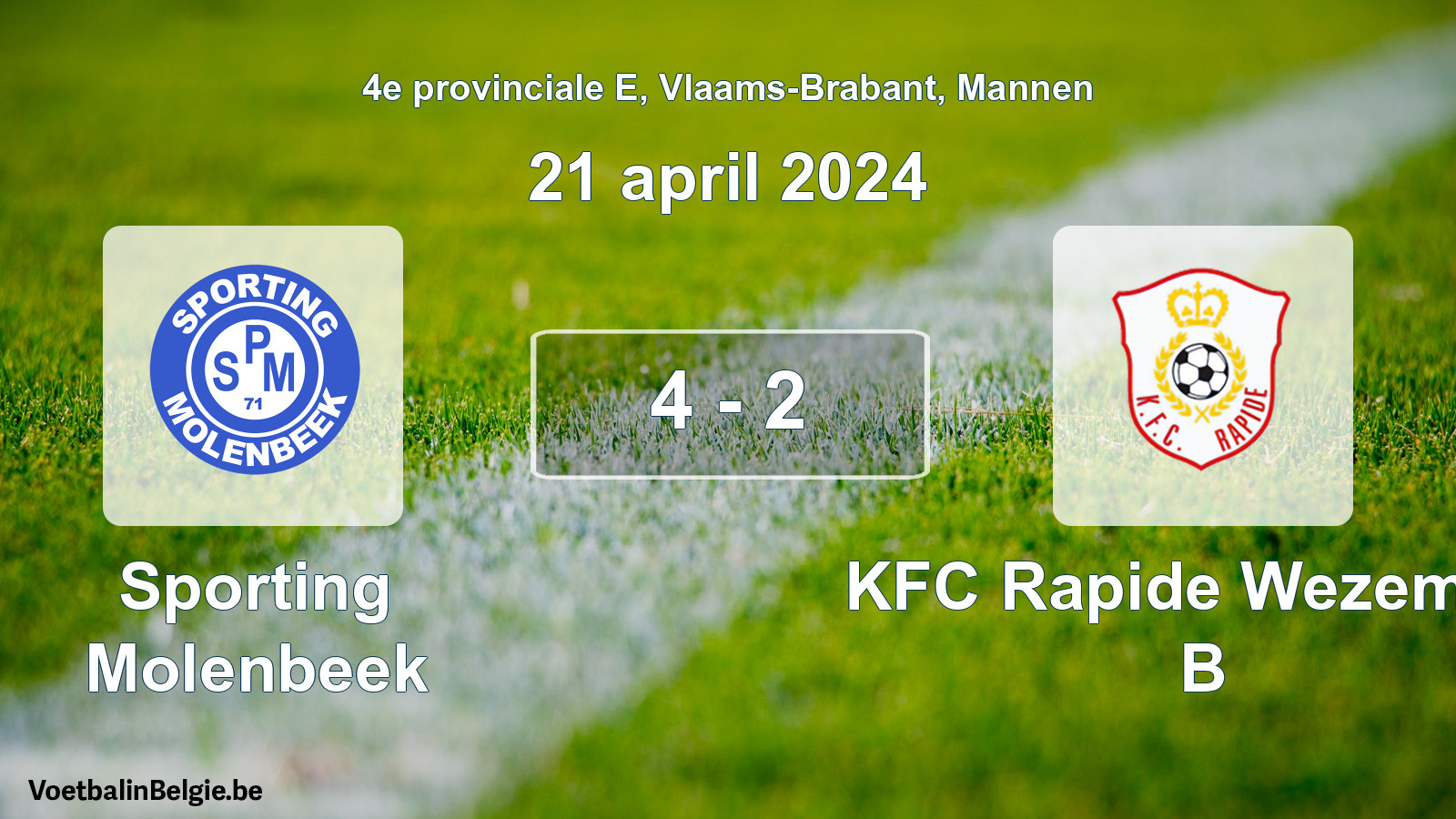 Gespeelde wedstrijd mannenvoetbal: Sporting Molenbeek - KFC Rapide Wezemaal B 4 - 2 (21 april 2024)