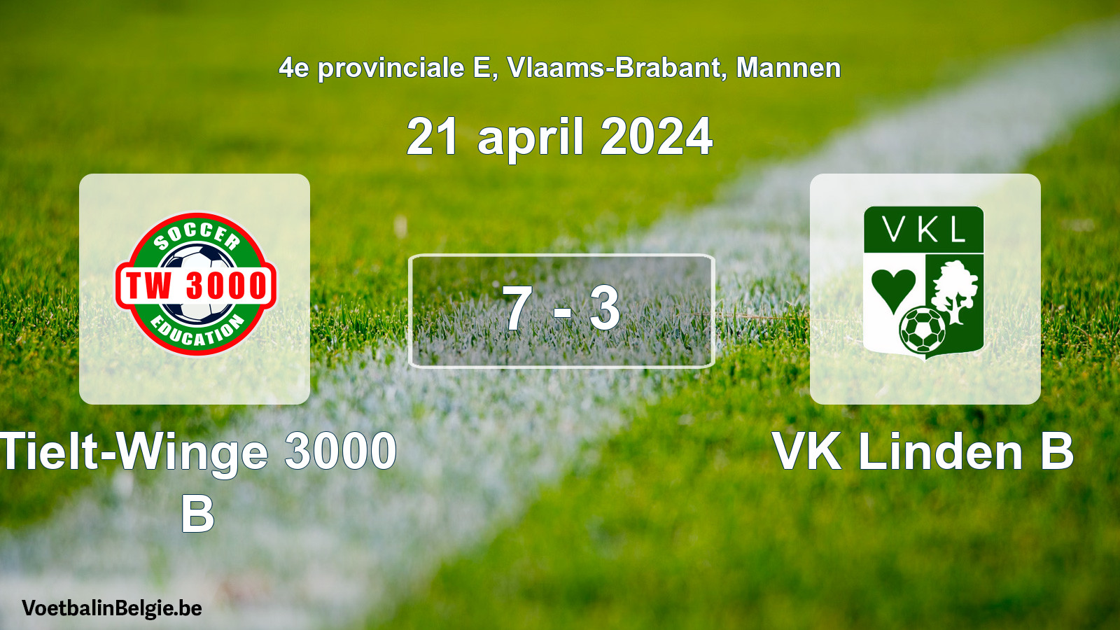 Gespeelde wedstrijd mannenvoetbal: Tielt-Winge 3000 B - VK Linden B 7 - 3 (21 april 2024)