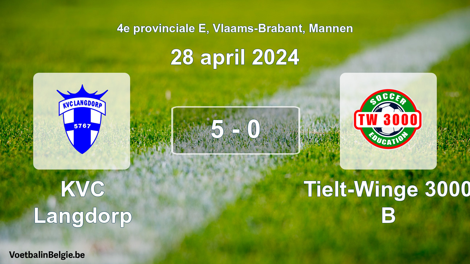 Gespeelde wedstrijd mannenvoetbal: KVC Langdorp - Tielt-Winge 3000 B 5 - 0 (28 april 2024)