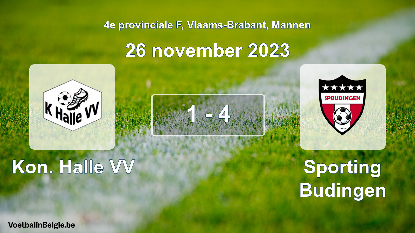 Gespeelde wedstrijd mannenvoetbal: Kon. Halle VV - Sporting Budingen 1 - 4 (26 november 2023)