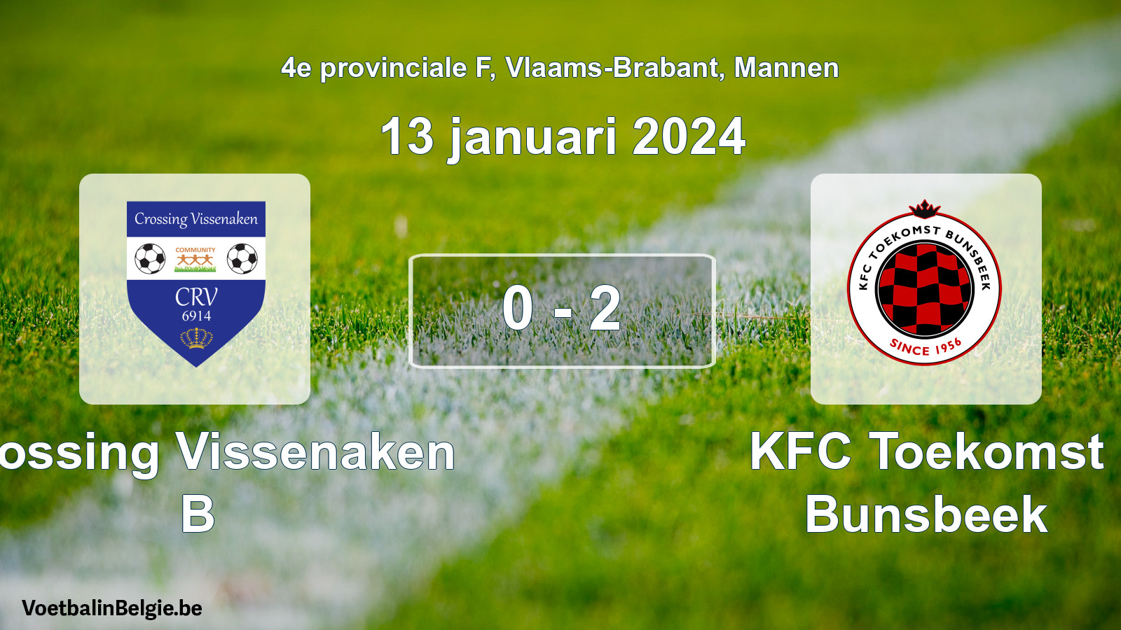 Gespeelde wedstrijd mannenvoetbal: Crossing Vissenaken B - KFC Toekomst Bunsbeek 0 - 2 (13 januari 2024)