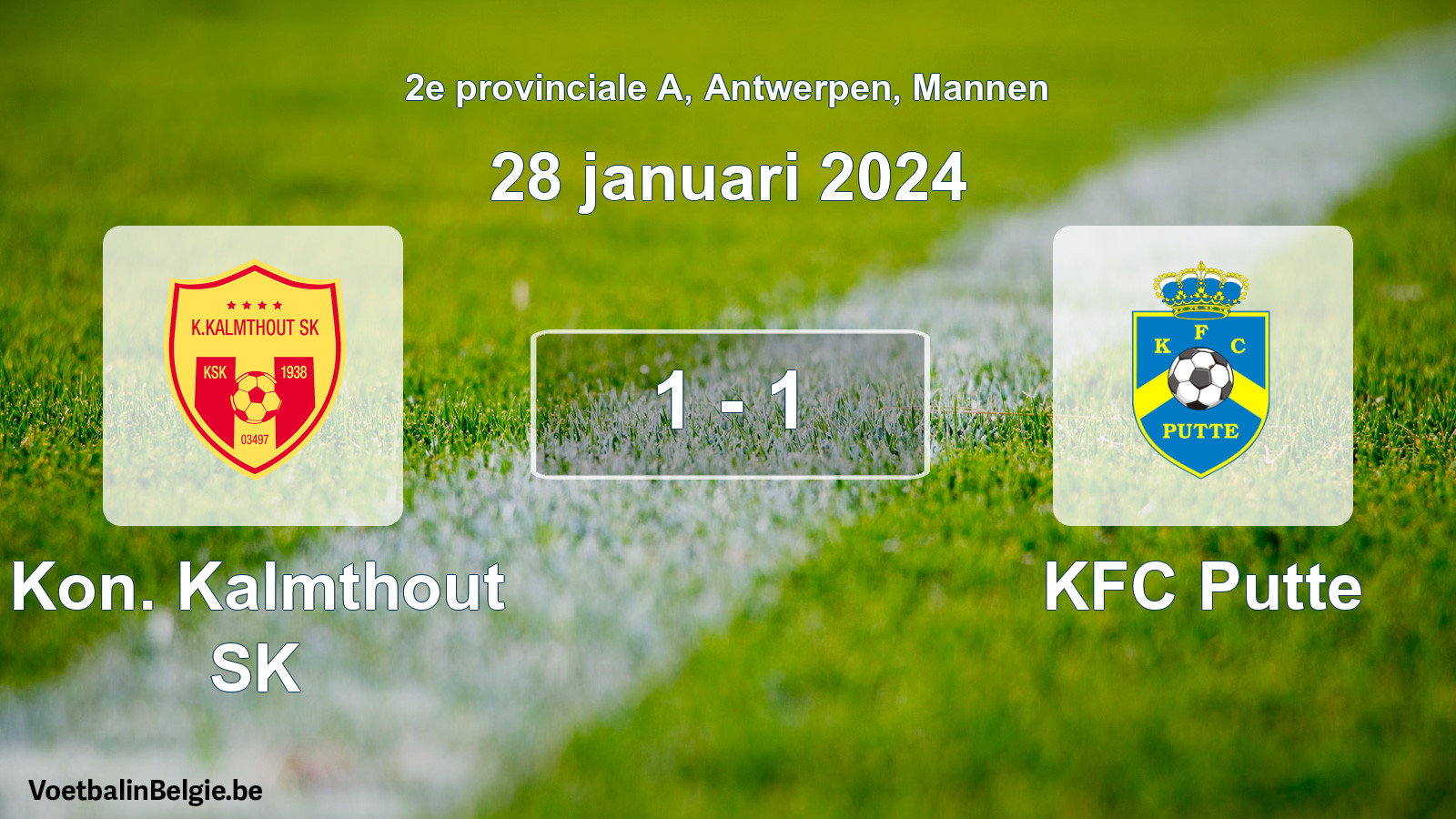 Gespeelde wedstrijd mannenvoetbal: Kon. Kalmthout SK - KFC Putte 1 - 1 (28 januari 2024)