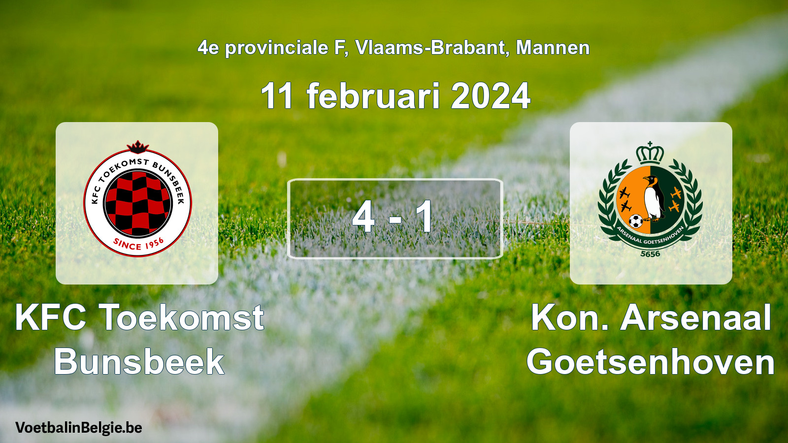 Gespeelde wedstrijd mannenvoetbal: KFC Toekomst Bunsbeek - Kon. Arsenaal Goetsenhoven 4 - 1 (11 februari 2024)