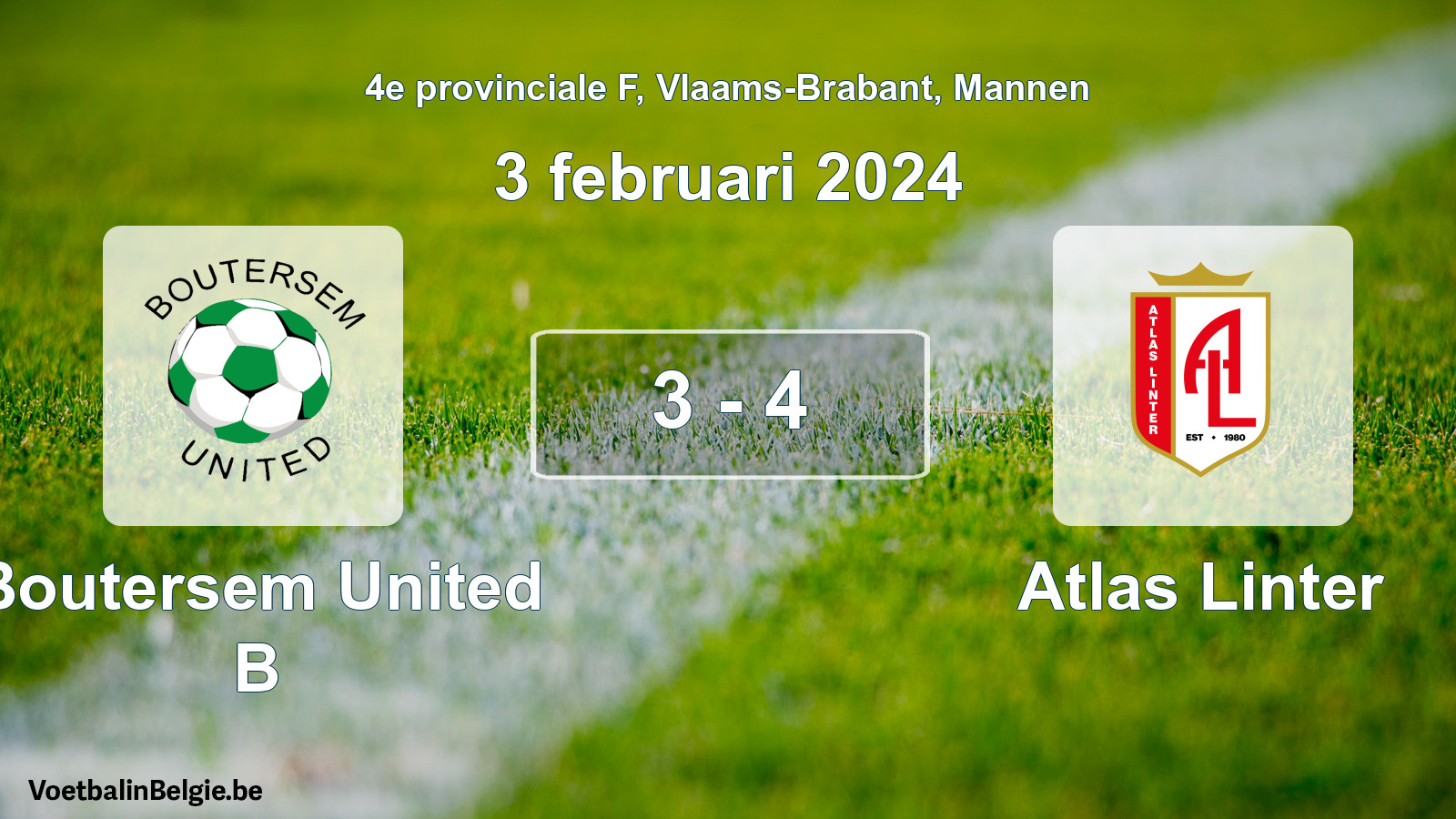 Gespeelde wedstrijd mannenvoetbal: Boutersem United B - Atlas Linter 3 - 4 (3 februari 2024)
