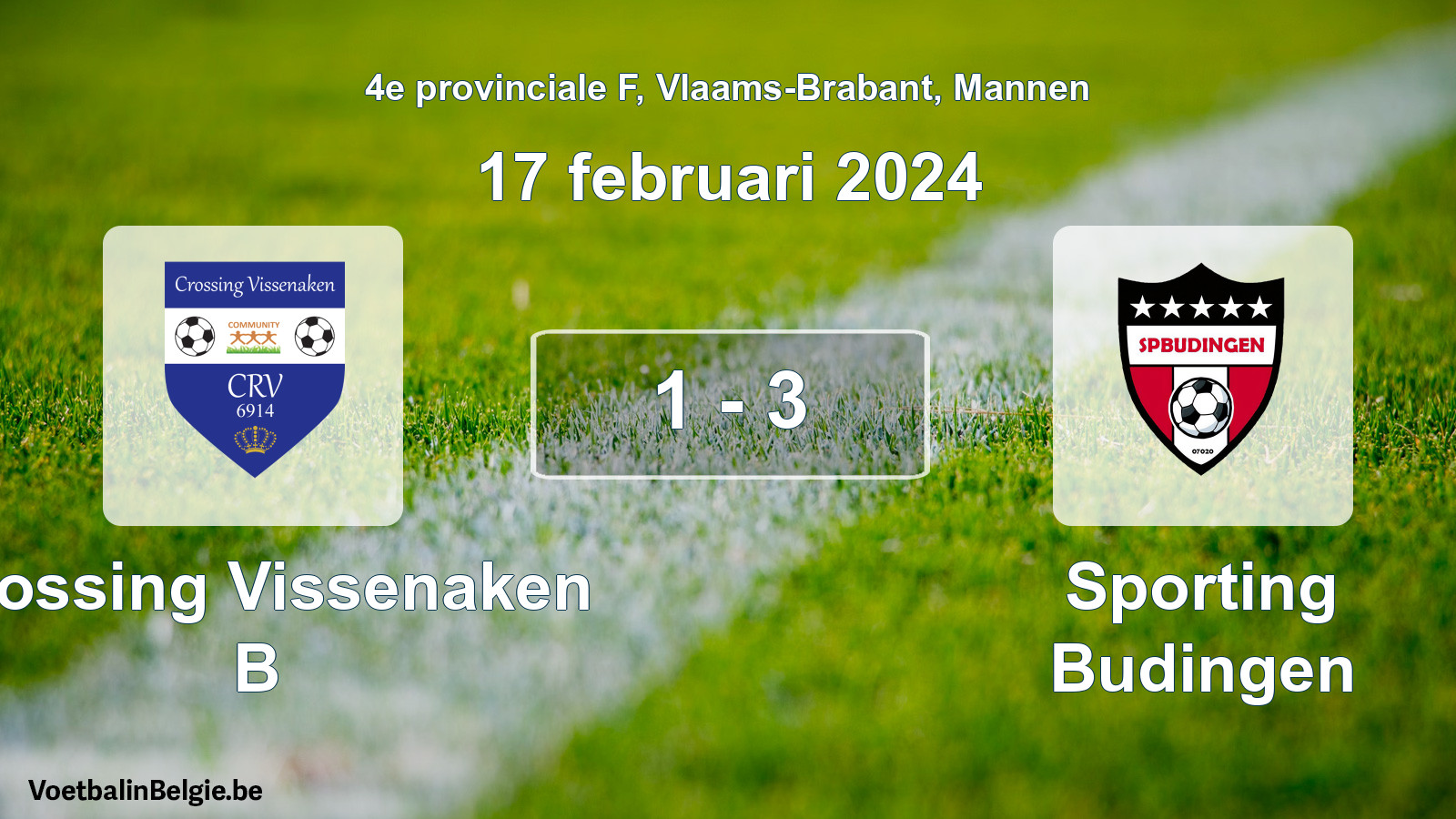 Gespeelde wedstrijd mannenvoetbal: Crossing Vissenaken B - Sporting Budingen 1 - 3 (17 februari 2024)