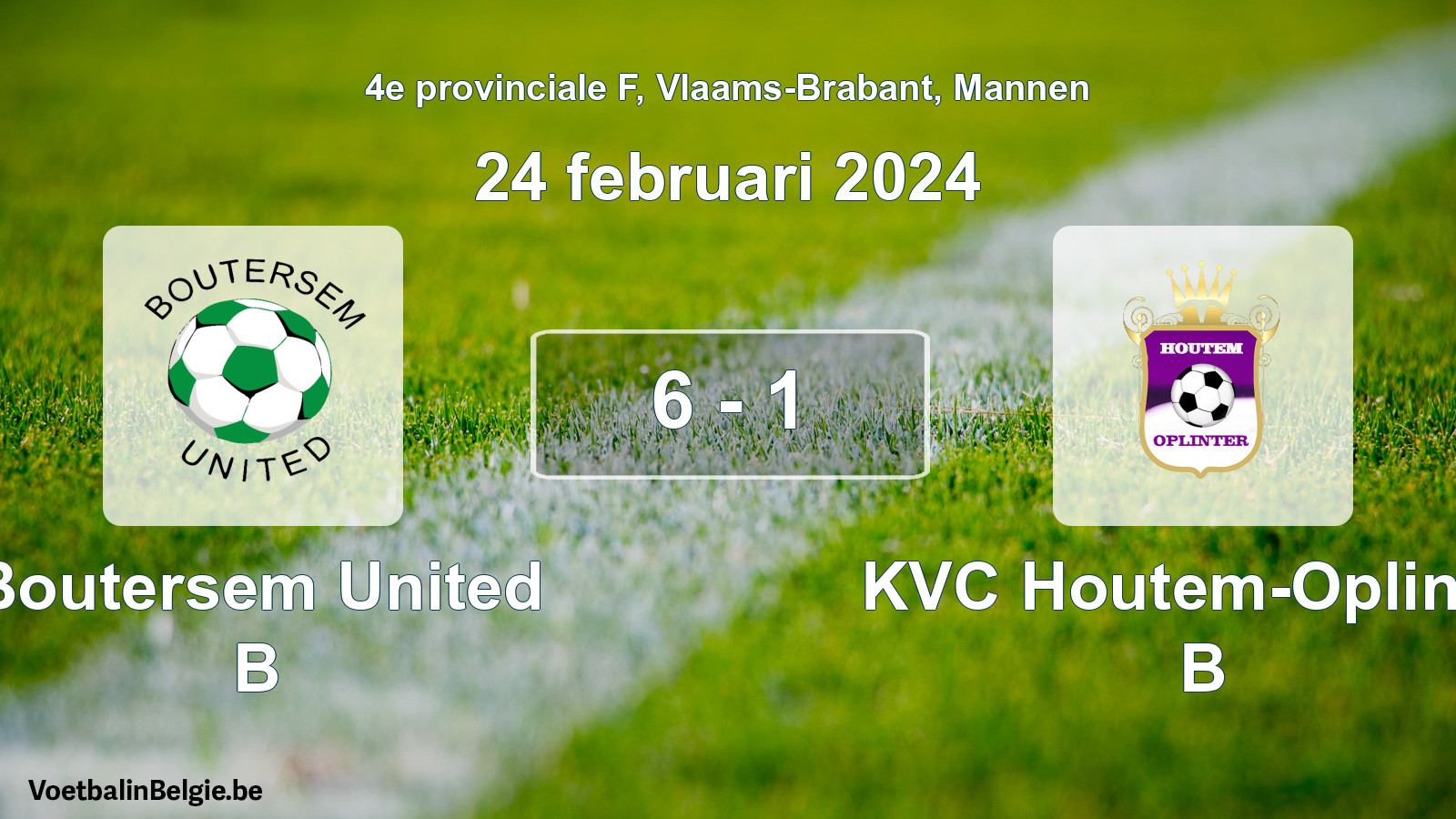 Gespeelde wedstrijd mannenvoetbal: Boutersem United B - KVC Houtem-Oplinter B 6 - 1 (24 februari 2024)